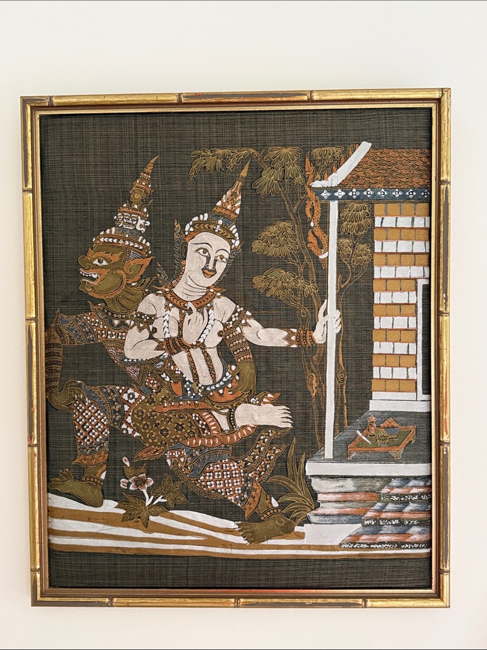 Custom Framed Thai Mythology Silk Painting Wall Art - Gold, Brown & Black